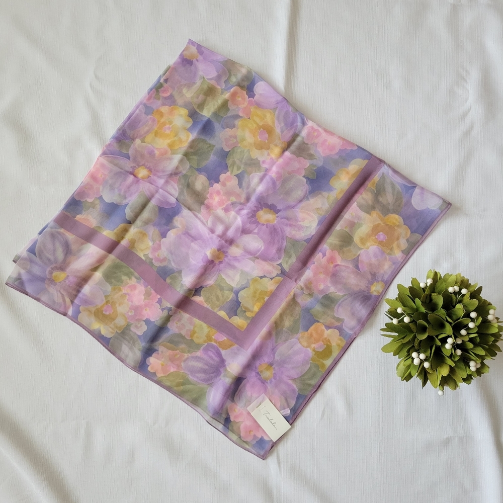 Mid-century 100% silk scarf, pastel floral pattern